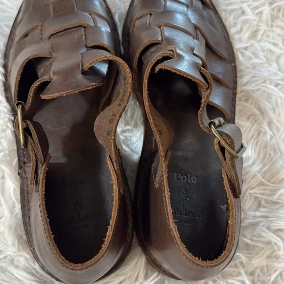 Polo Ralph Lauren Cognac Brown Leather Woven Fisherman Sandals 10 - Picture 7 of 10